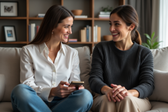 Deux femmes assises dans un salon moderne souriant