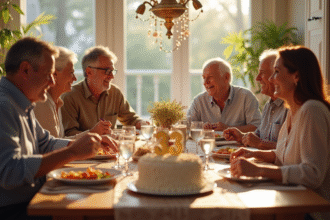 Famille multigenerations autour d une table décorée pour un anniversaire