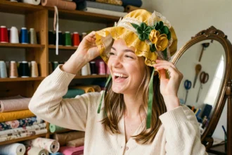 Jeune femme portant un bonnet de la Sainte-Catherine orné de rubans et de fleurs en tissu dans un atelier de couture parisien