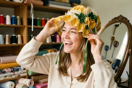 Jeune femme portant un bonnet de la Sainte-Catherine orné de rubans et de fleurs en tissu dans un atelier de couture parisien
