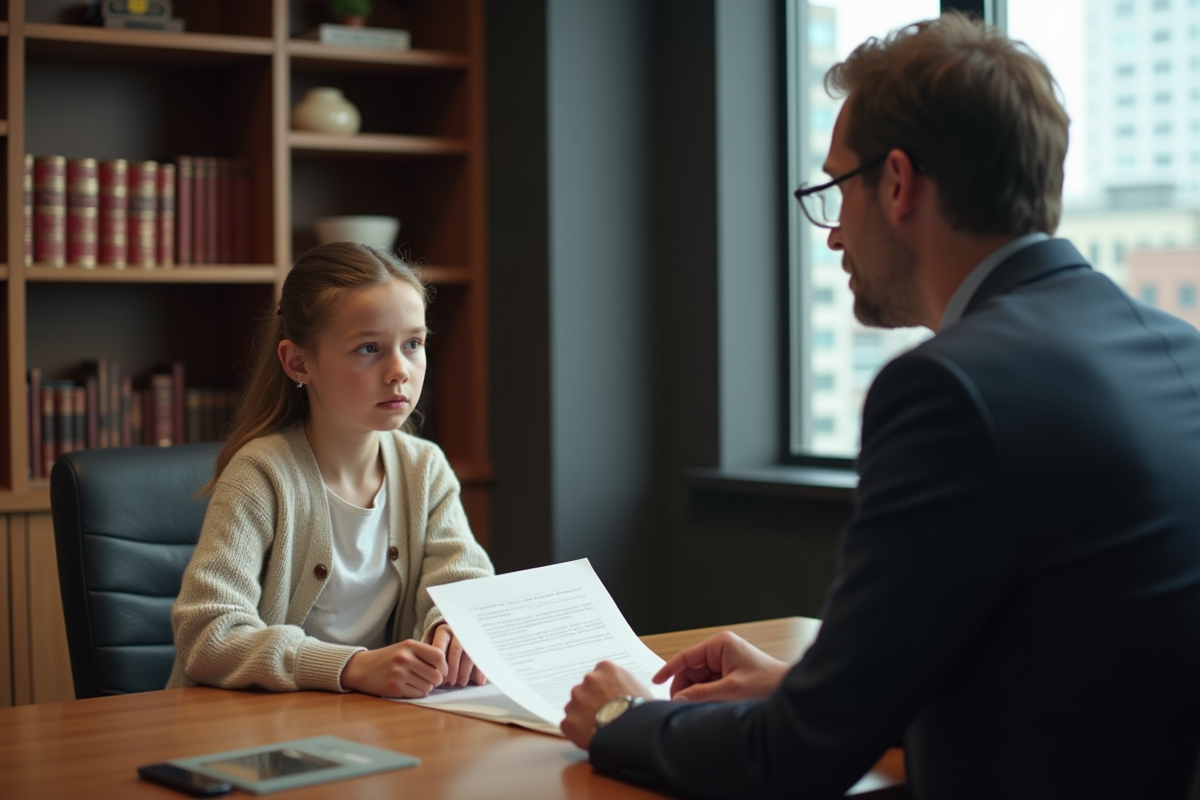 Fille de 14 ans face à un avocat dans un bureau