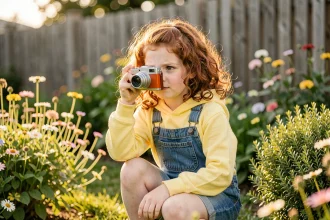 Petite fille photographiant avec un appareil photo numérique coloré dans un jardin fleuri