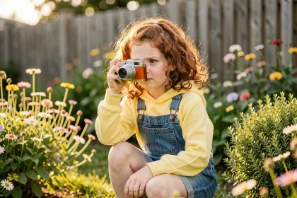Petite fille photographiant avec un appareil photo numérique coloré dans un jardin fleuri