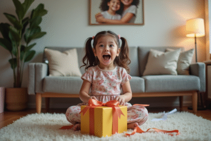 Jeune fille en robe florale déballant un cadeau à la maison