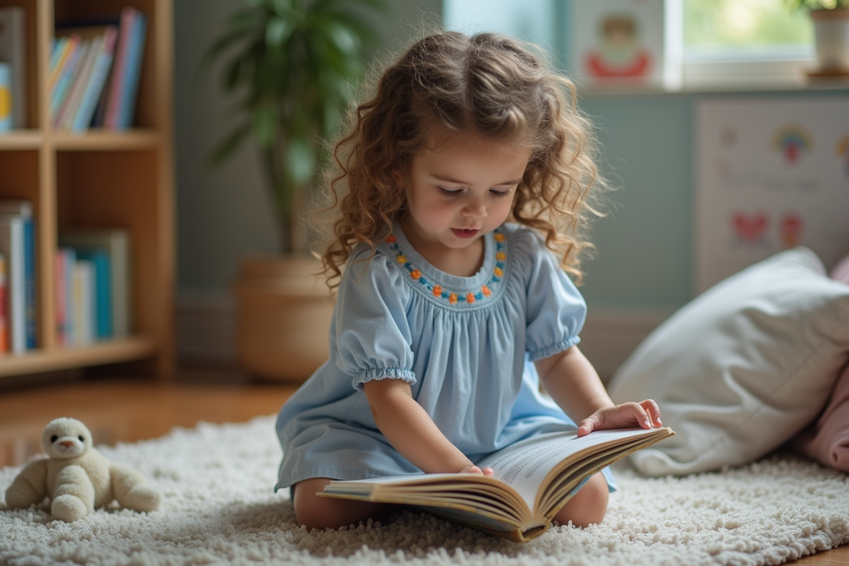 Jeune fille lisant un livre dans un coin lecture douillet
