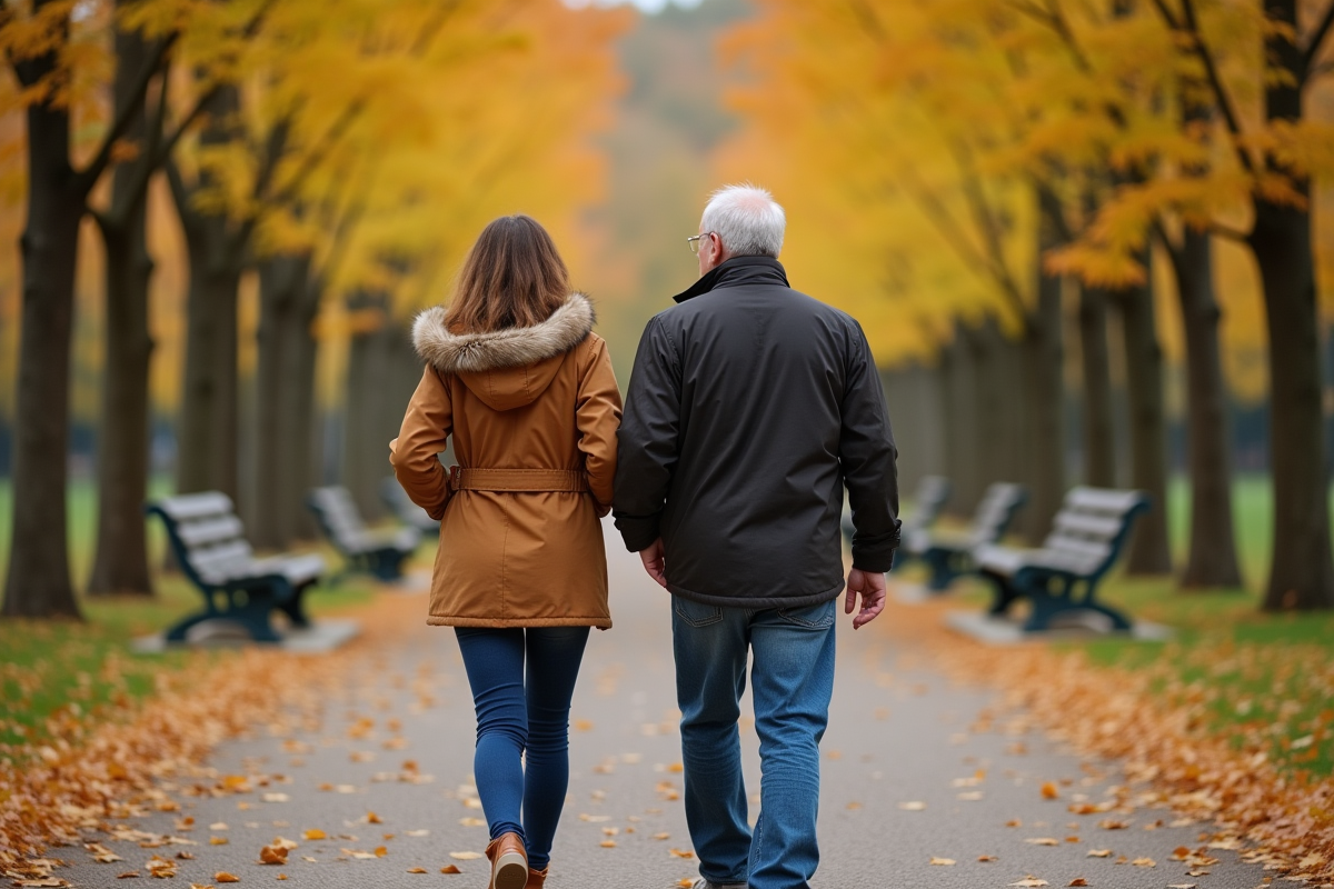 Fille et père marchent dans un parc automnal en souriant