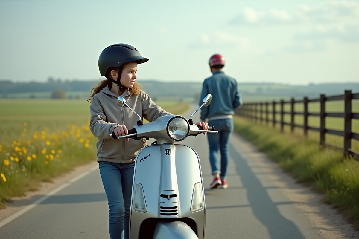 Fille de 14 ans poussant son scooter dans un paysage rural