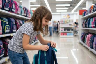 Jeune fille souriante inspectant un sac à dos scolaire