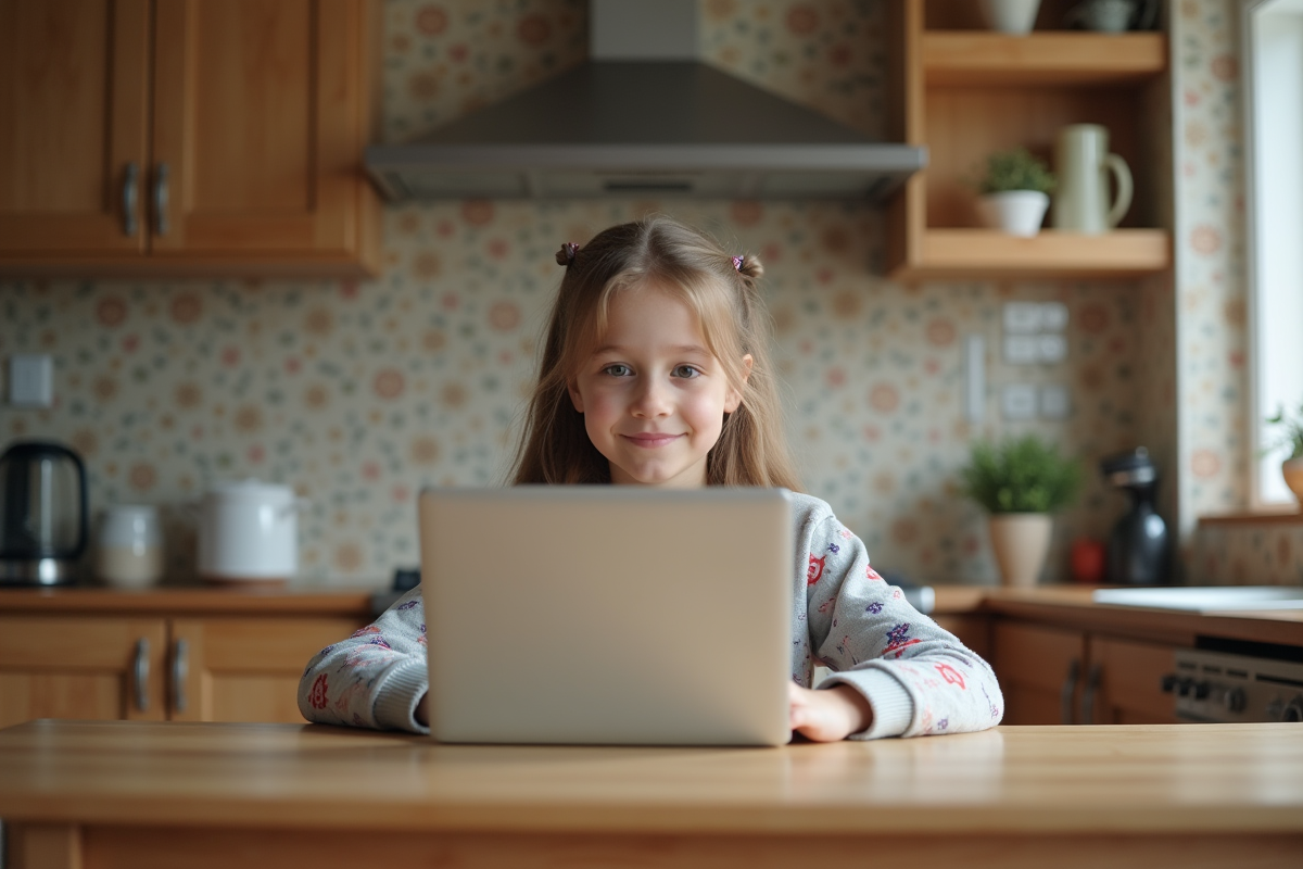 Fille de 10 ans en appel vidéo dans la cuisine
