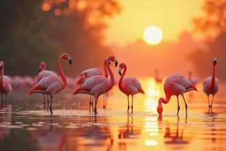 Groupe de flamants roses dans l'eau au coucher du soleil