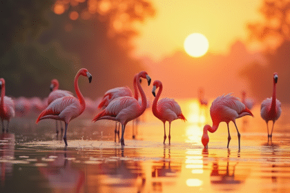 Groupe de flamants roses dans l'eau au coucher du soleil