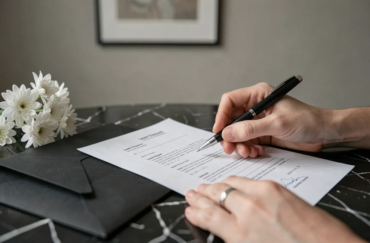 Mains remplissant un formulaire de demande de congé pour obsèques posé sur une table avec une enveloppe noire et des chrysanthèmes blancs