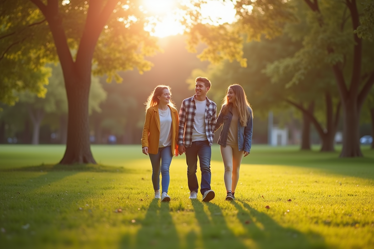 Frère et sœur adolescents marchant dans un parc ensoleille