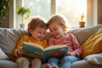 Deux jeunes frères et sœurs lisant un livre coloré dans le salon