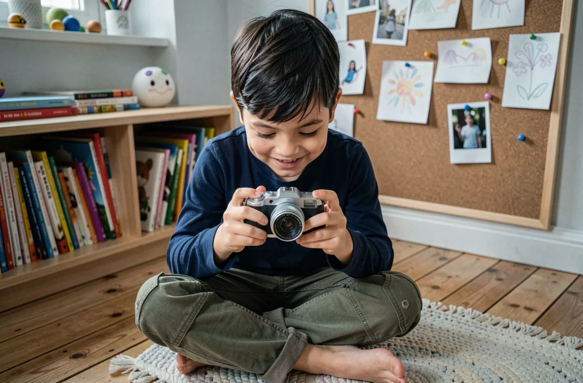 Garçon consultant les photos sur son appareil photo numérique pour enfant dans sa chambre