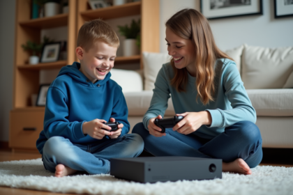 Garçon souriant de 10 ans déballant une console de jeux