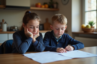 Garçon de 12 ans avec sa mère regardant des papiers