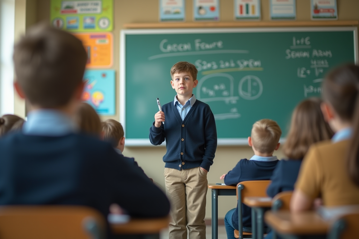 Garçon de 10 ans explique un problème de mathématiques en classe