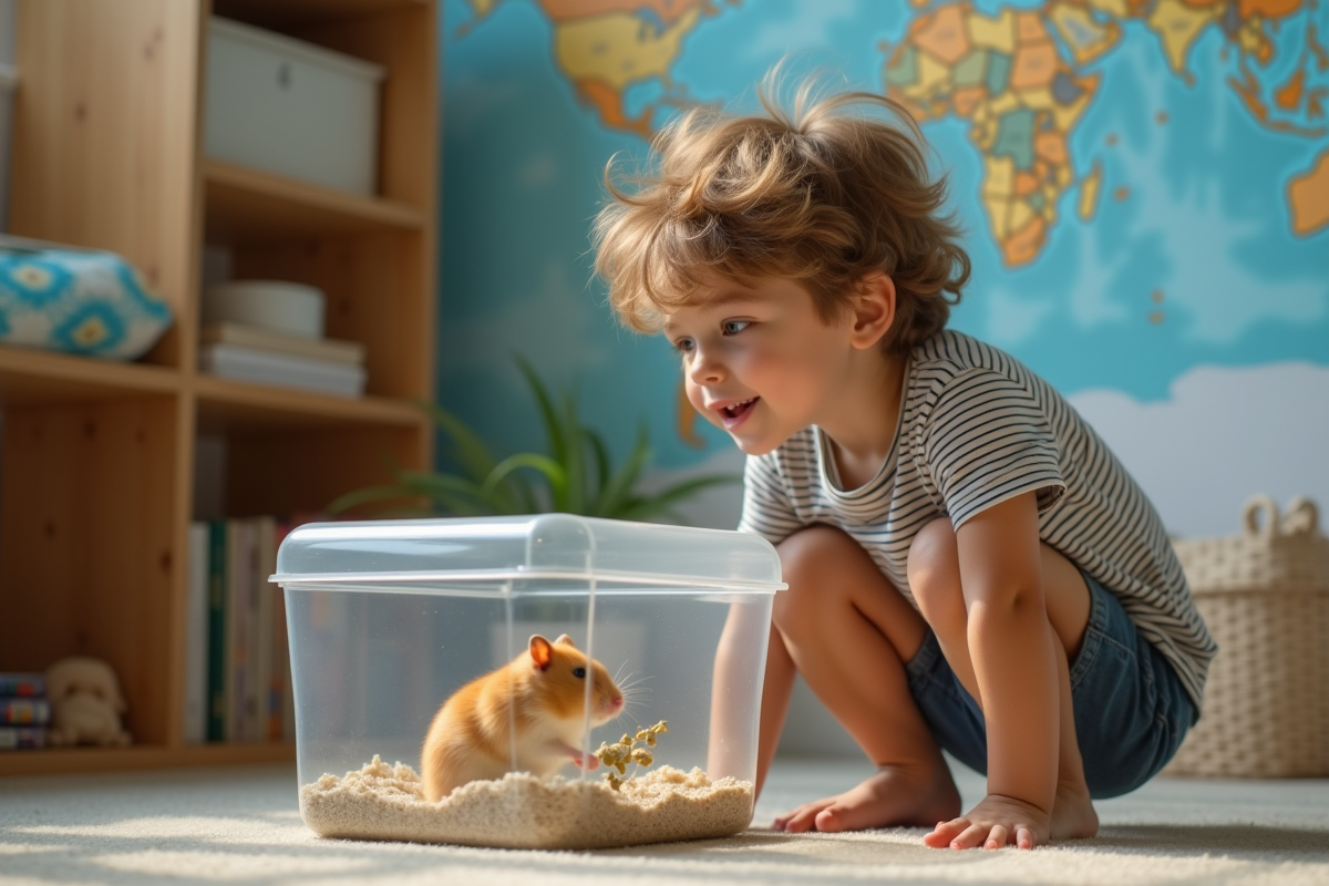 Garçon curieux observant un hamster doré dans sa cage dans sa chambre