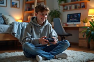 Adolescent jouant aux jeux vidéo dans sa chambre cosy