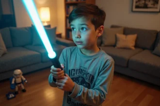Garçon de 8 ans avec sabre lumineux dans un salon chaleureux