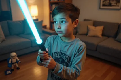 Garçon de 8 ans avec sabre lumineux dans un salon chaleureux