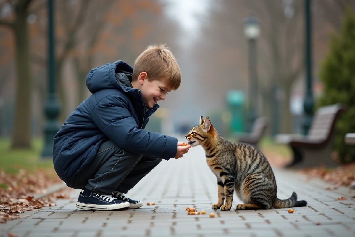 Jeune garçon donnant à manger à un chat dans un parc