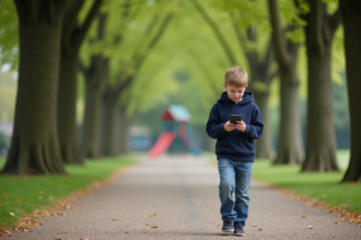 Garçon de 10 ans regardant son smartphone dans un parc