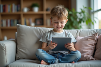Garçon de 10 ans avec tablette dans le salon moderne