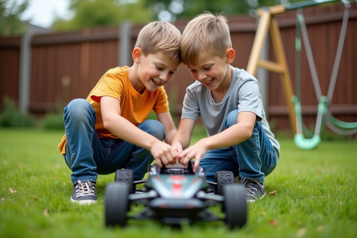 Deux garçons jouant avec une voiture télécommandée dans le jardin