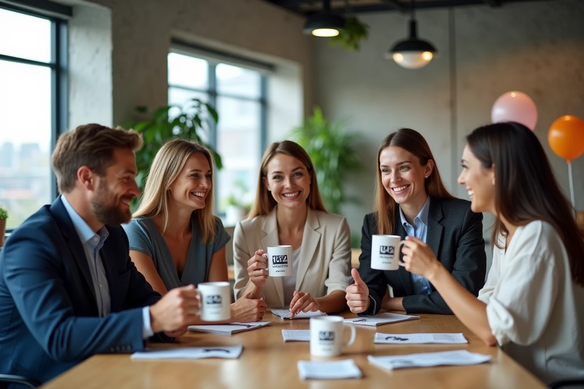 Groupe de collègues tenant des gobelets personnalisés lors d'un anniversaire d'entreprise dans un bureau moderne