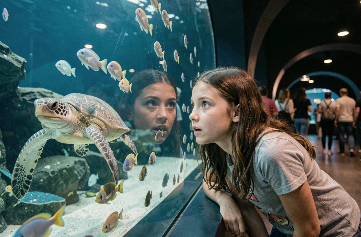 Une femme et une adolescente émerveillées devant un grand bassin vitré au Grand Aquarium de Touraine