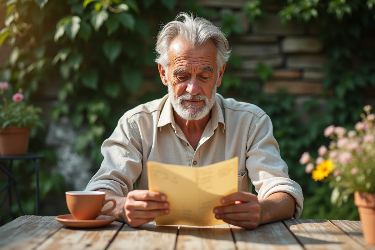 Grand-père lisant un poème de fête des pères dans un jardin fleuri avec une tasse de café