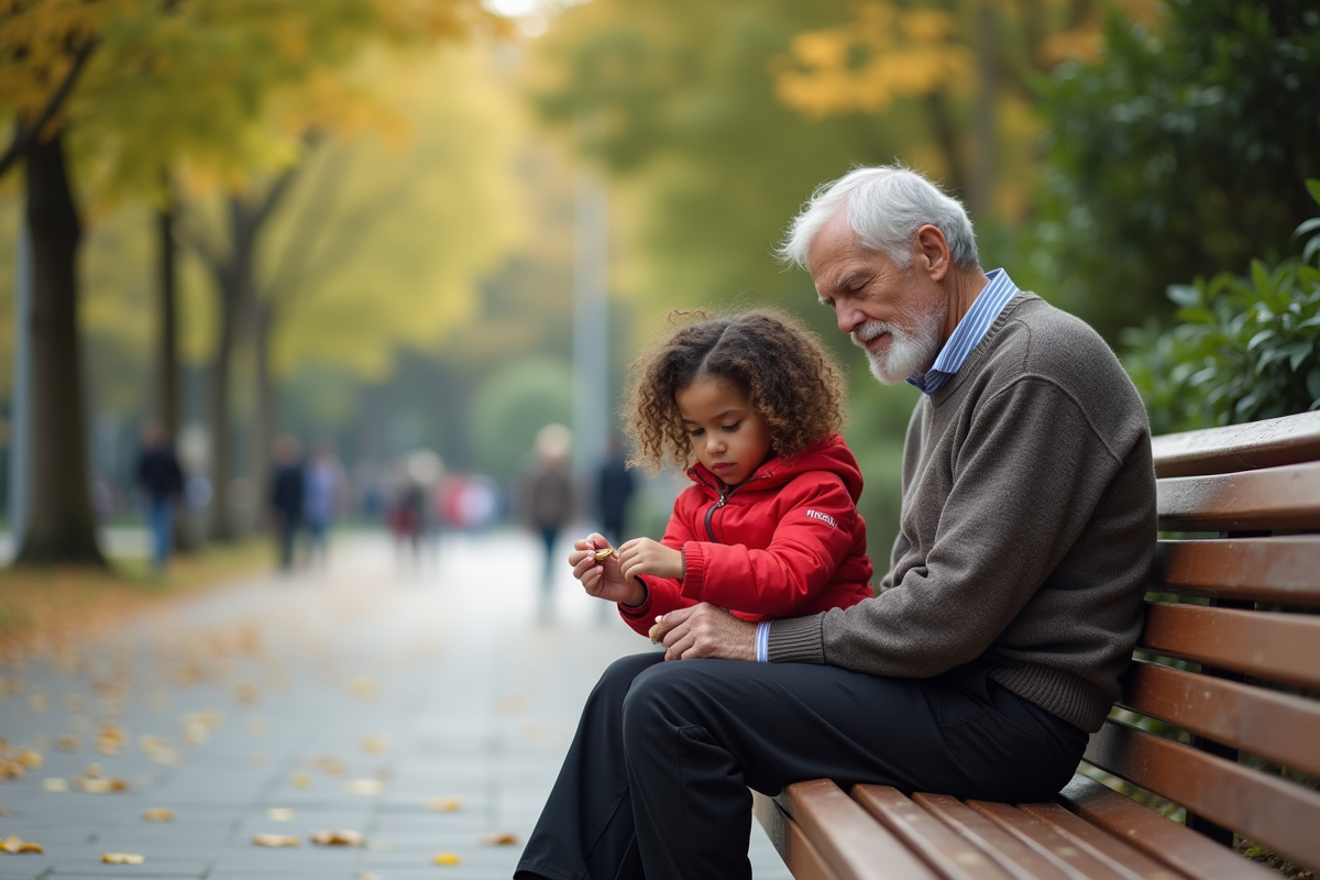 Grand-père enseignant sa petite fille à compter des pièces dans un parc