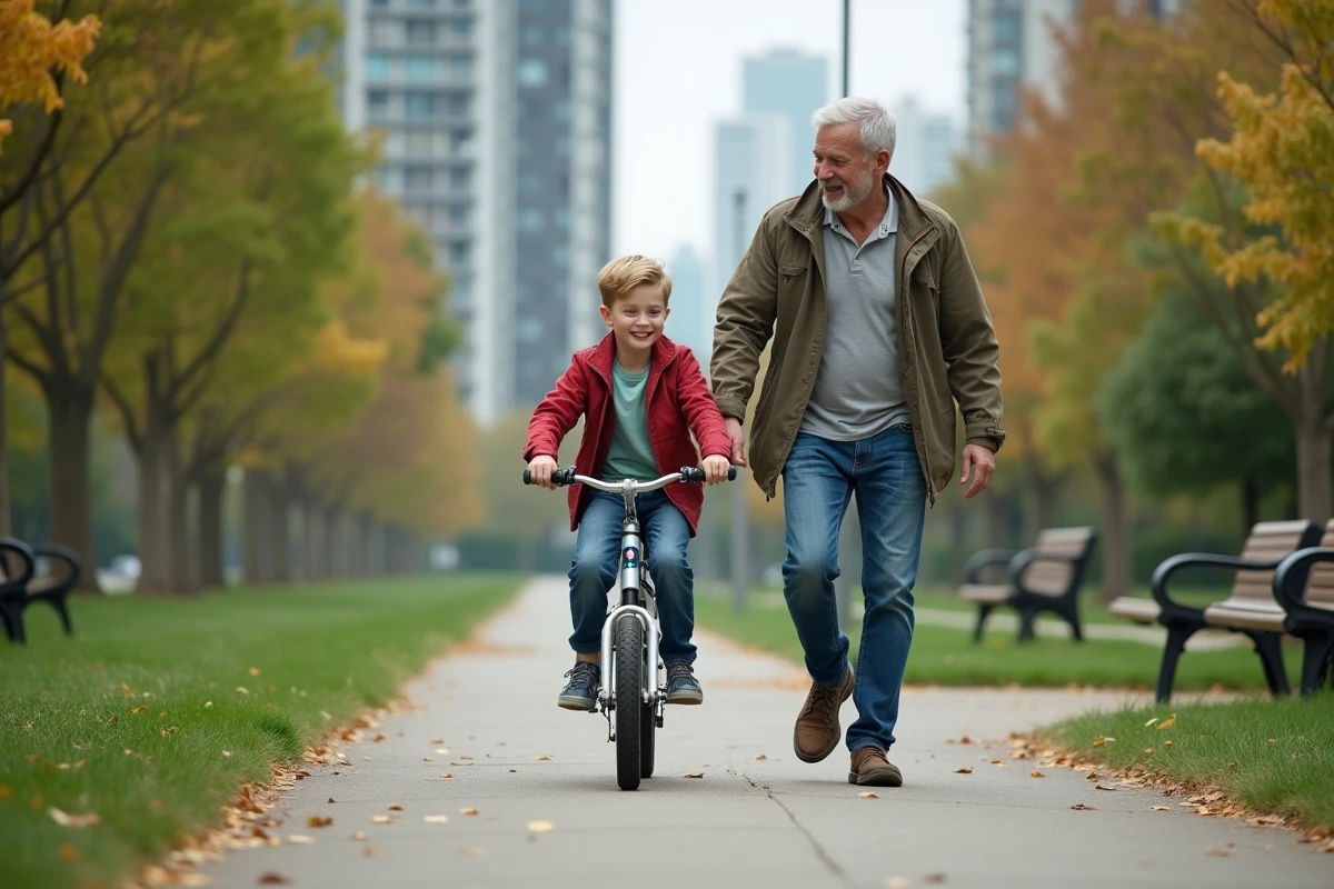Grandfather guidant son petit-fils à vélo dans un parc urbain