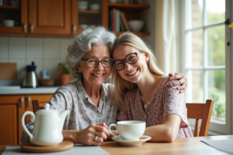 Grand-mère et petite-fille souriantes dans la cuisine chaleureuse