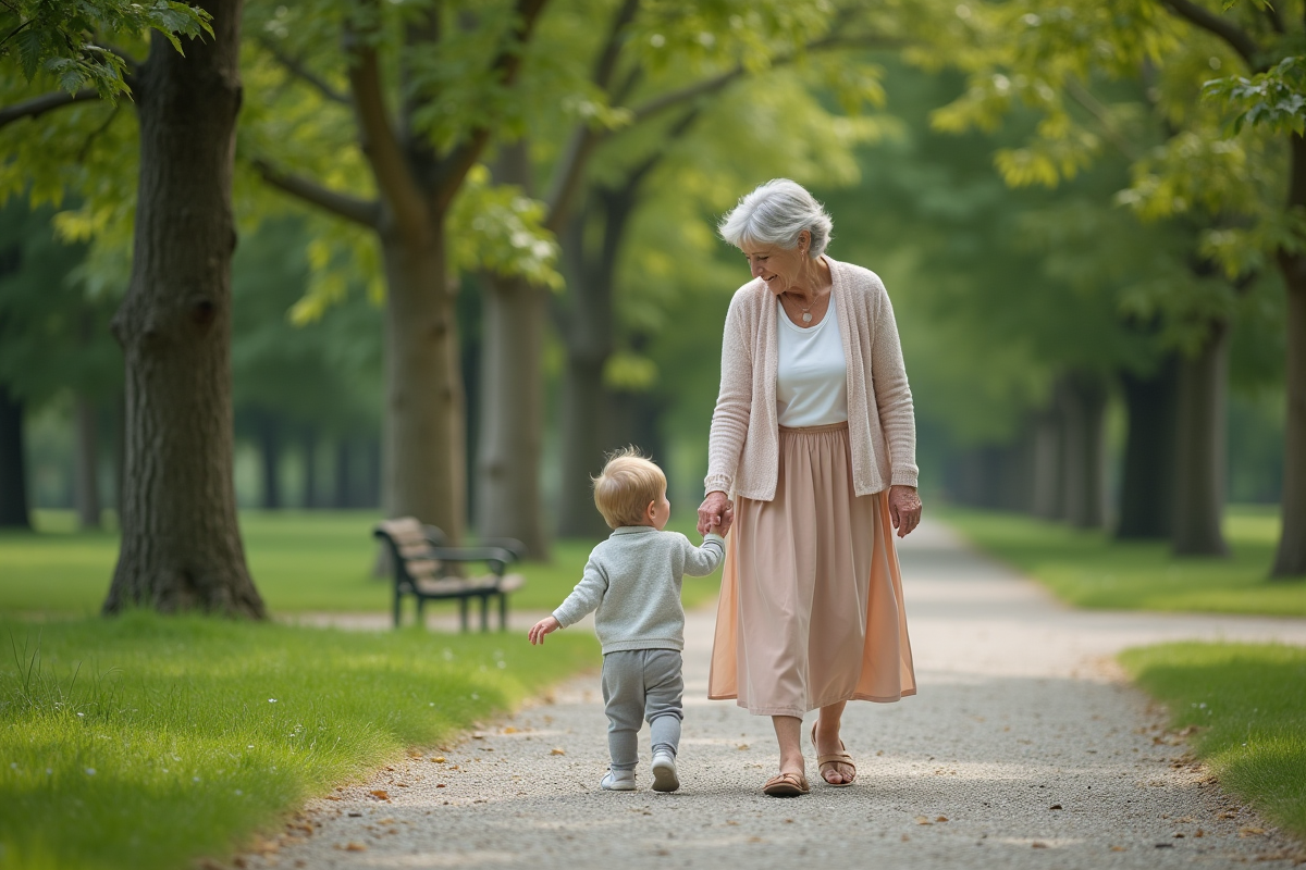 Grand-mère marchant dans un parc avec son petit-fils
