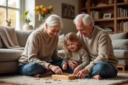 Grandparents jouant avec leur petite fille autour d'un puzzle