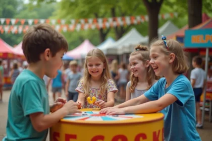 Jeunes riant lors d'un jeu de bagues en plein air