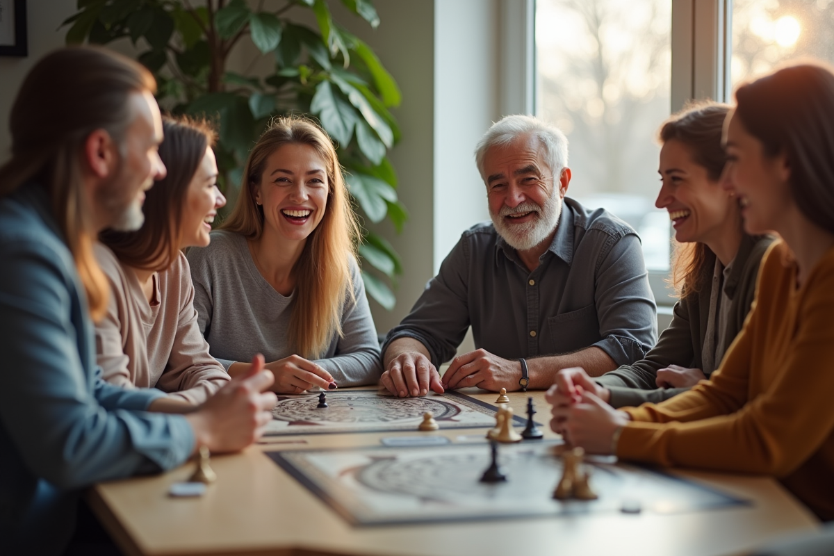 Groupe d'amis jouant à un jeu de société lumineux