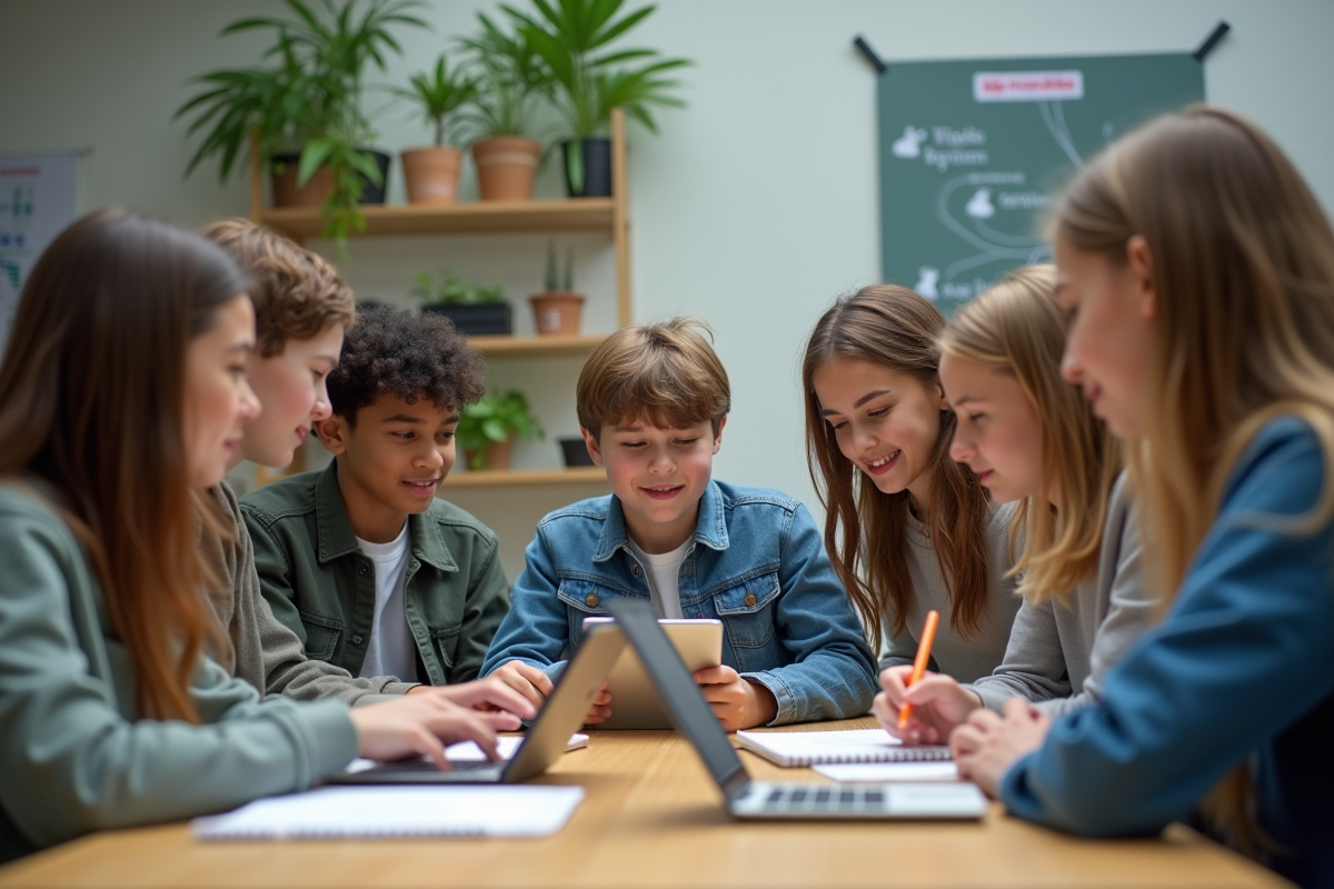 Groupe d'élèves de lycée collaborant en classe moderne