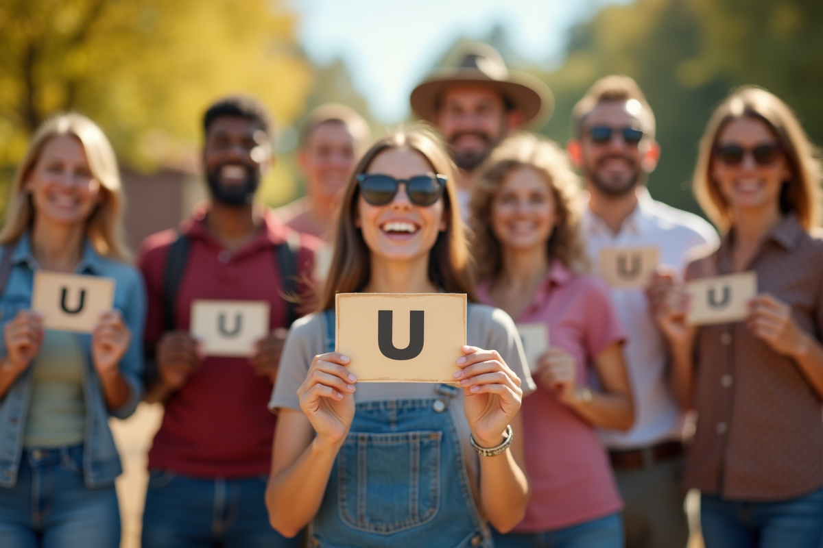 Groupe divers d'adultes avec cartes aux noms en U en plein air