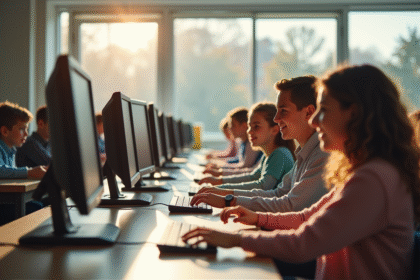 Groupe d'élèves et parents dans un laboratoire informatique scolaire
