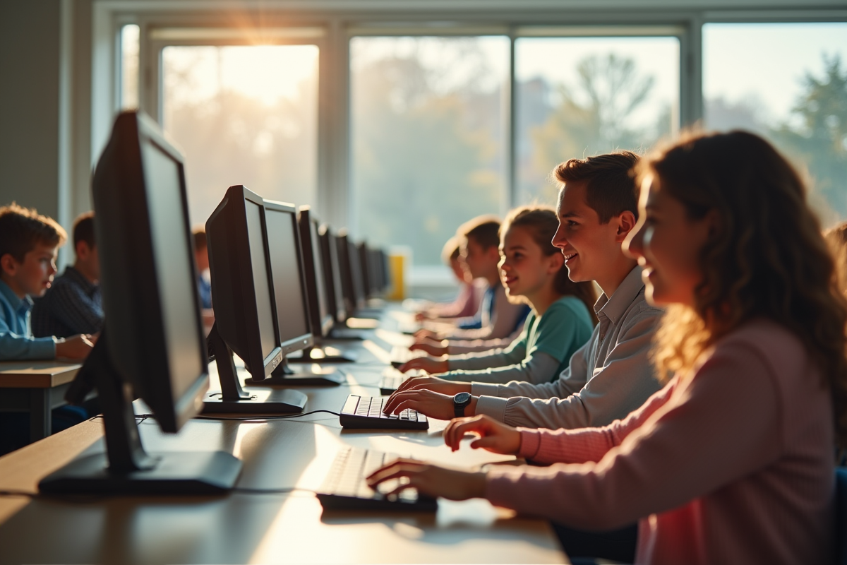 Groupe d'élèves et parents dans un laboratoire informatique scolaire