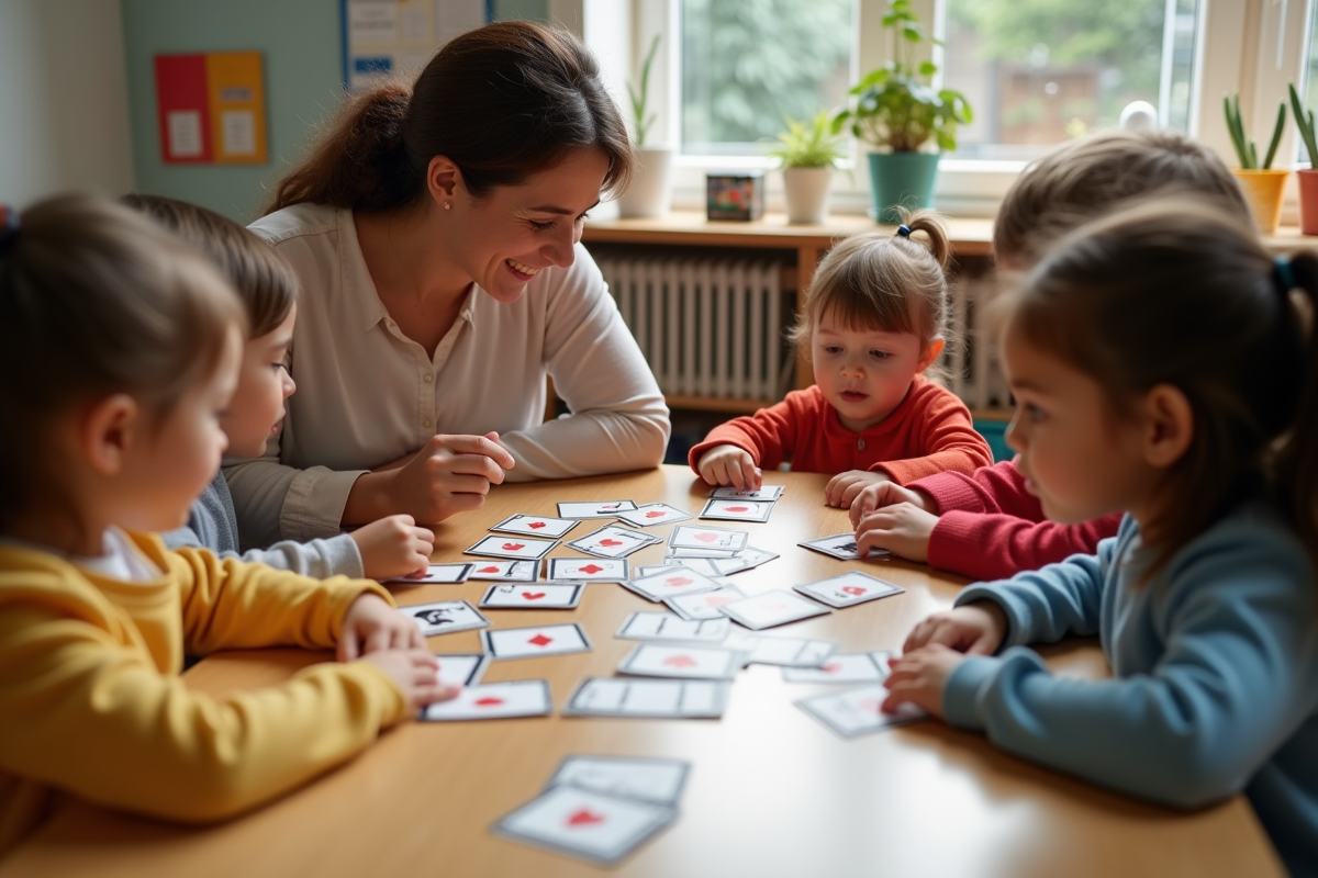 Groupe d enfants en classe jouant à un jeu de mémoire avec un adulte