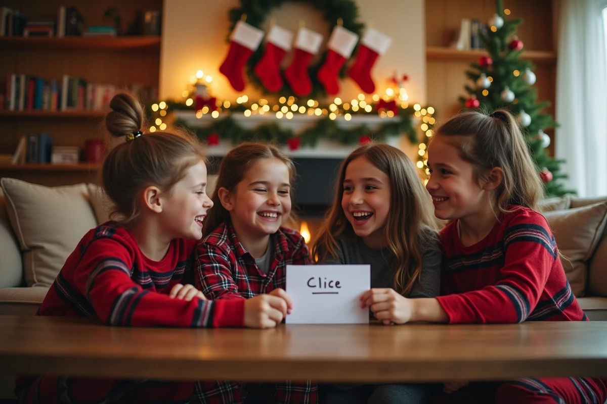 Groupe d'enfants en pyjama de Noël réunis autour d'une table pour jouer aux devinettes avant le réveillon