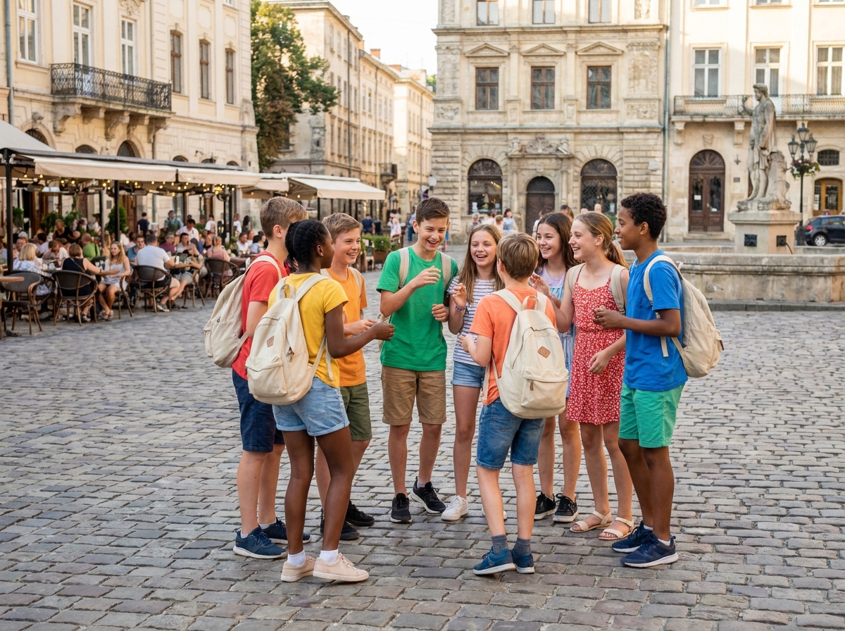 Enfants souriants explorant une place historique en Europe