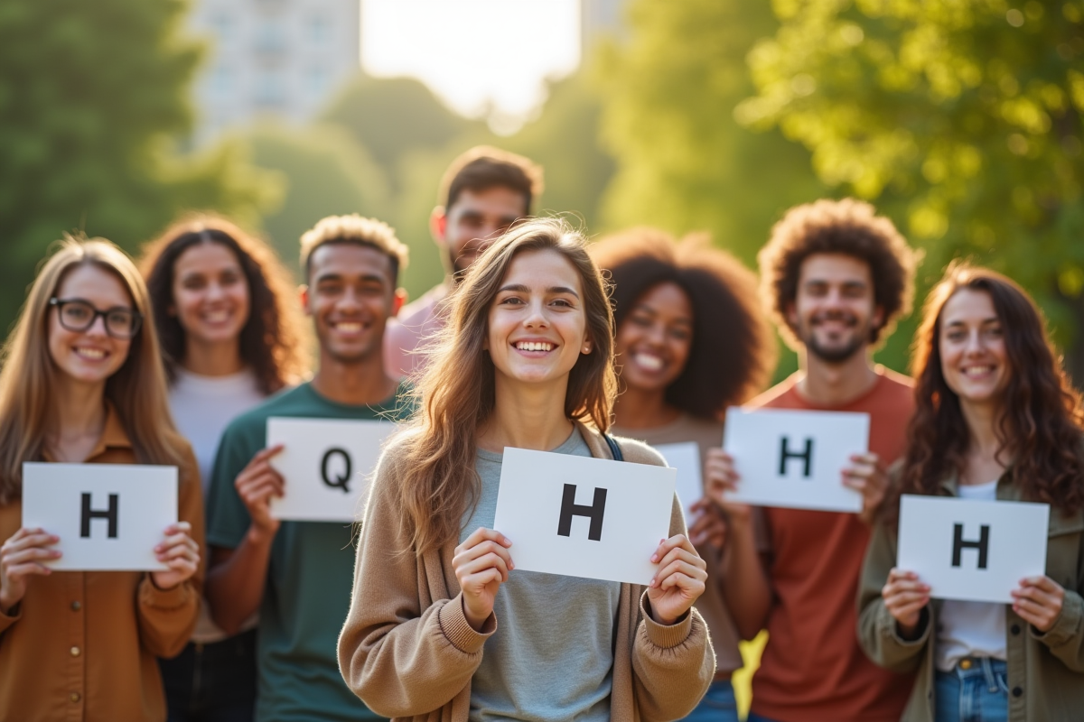 Groupe de personnes dans un parc avec cartes commençant par H