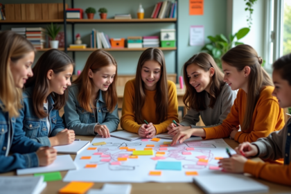 Jeunes collégiens en groupe autour d'une carte mentale