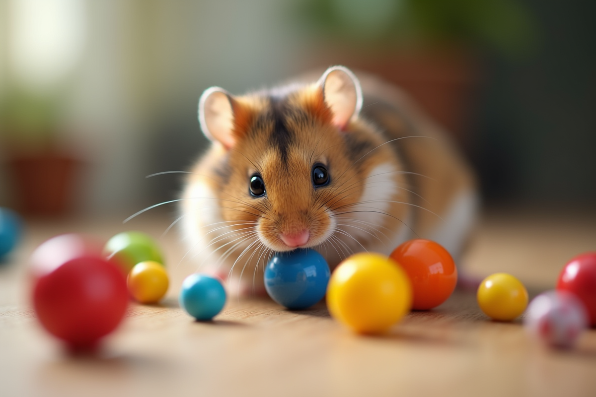 Hamster russe explore des jouets colorés sur une table en bois